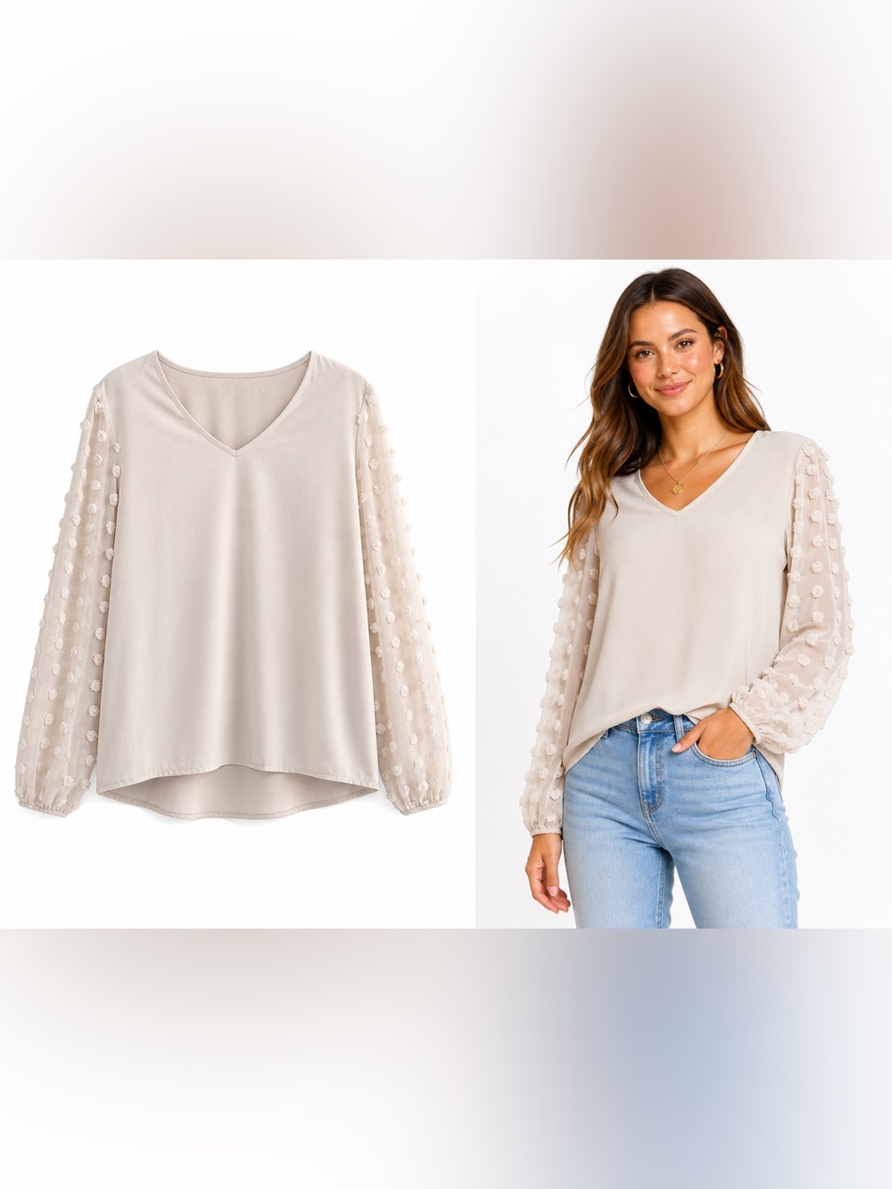 SHEIN Beige V-Neck Dot-Textured Sheer Sleeve Blouse